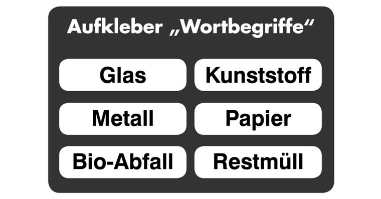 Aufkleber-Wortbegriff-Set für Sammelbehälter und Wertstoffsammler 6-teilig s/w