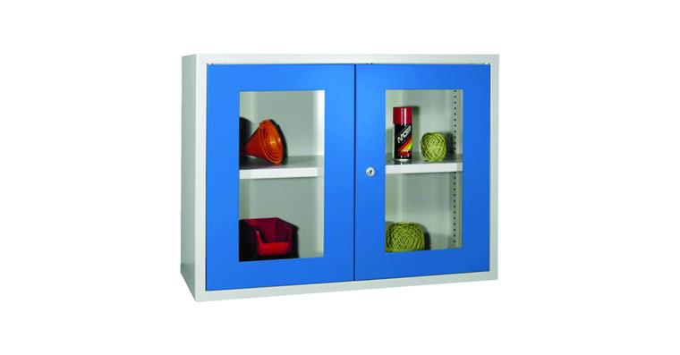 Hang. cab. back pan. smooth doors w/ view. window W800mm RAL7035/5012 light blue