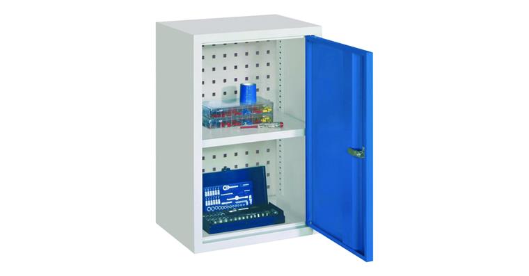 Hängeschrank Rückwand gelocht Vollblechtür B 400mm RAL 7035/5012 lichtblau