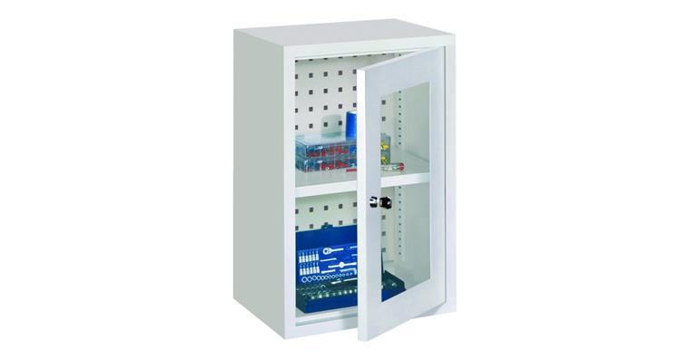 Hang. cab. back pan. prftd door with view. window W400mm RAL7035/7035 light grey