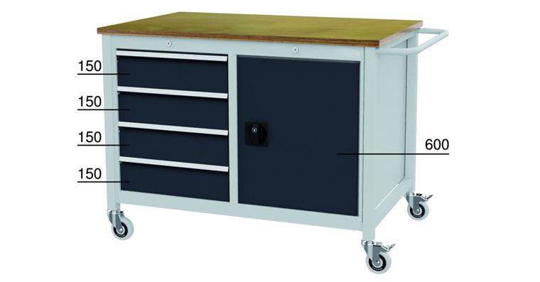 Werkbank mobil 1 Tür 4 Schubladen H x B x T 935 x 1250 x 750 mm RAL 7035/7016