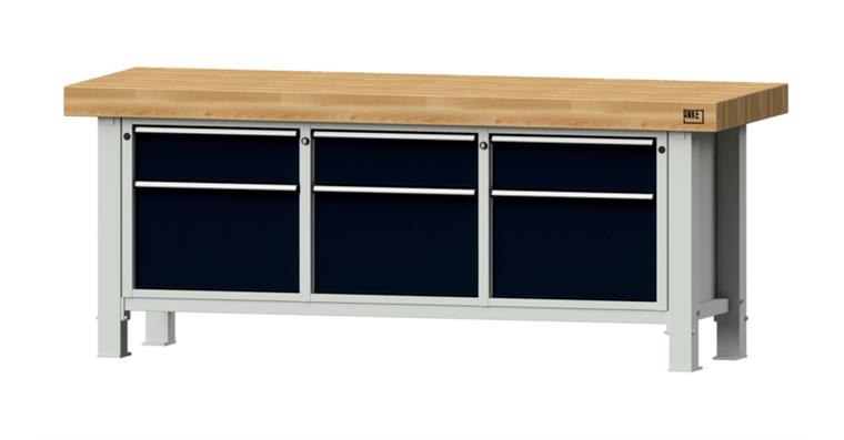 Heavy-duty workbench 2250x800x900mm model 223VS beech solid plate RAL 7035/7016