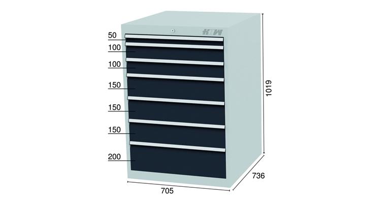 Drawer cabinet 7 drawers 1x50 2x100 3x150 1x200mm 705x736x1019mm 7016