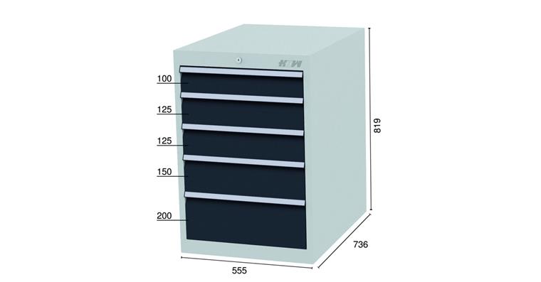 Schubladenschrank 5 Schubladen 7016 1x100 2x125 1x150 1x200mm 555x736x819