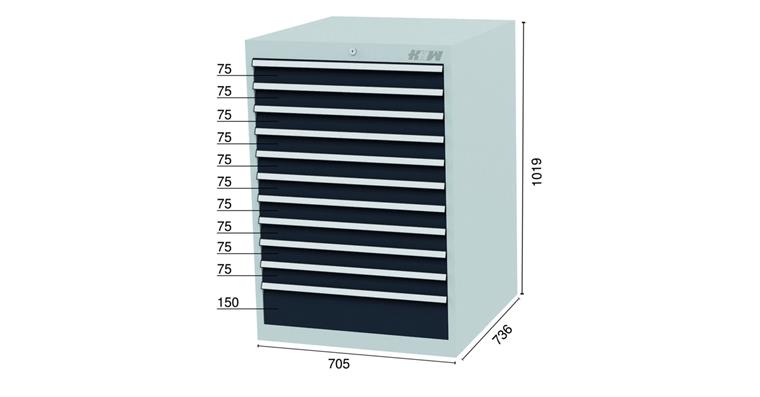 Schubladenschrank 11Schubladen 7016 10x75, 1x150mm-BTH 705x736x1019mm