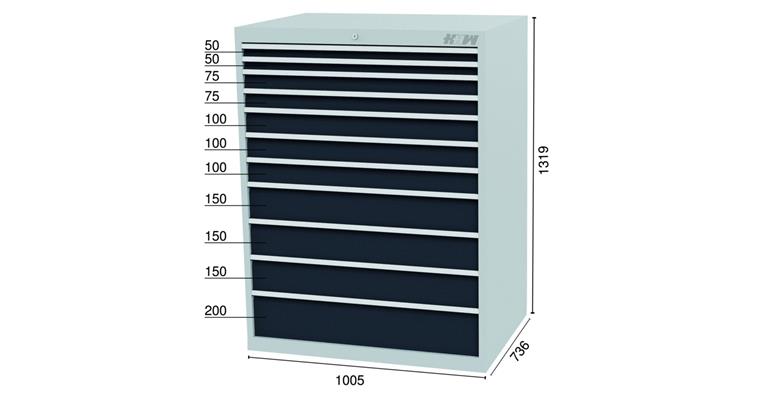 1084342304 Drawer cabinet 11 drawers 7016 2x50 2x75 3x100 3x150 1x200mm 1005x736x1319