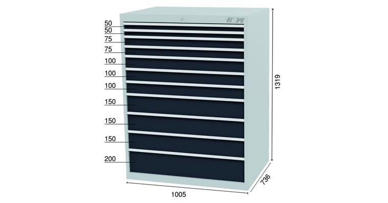 Schubladensch. 11Schubladen 7016 2x50 2x75 3x100 3x150 1x200mm 1005x736x1319