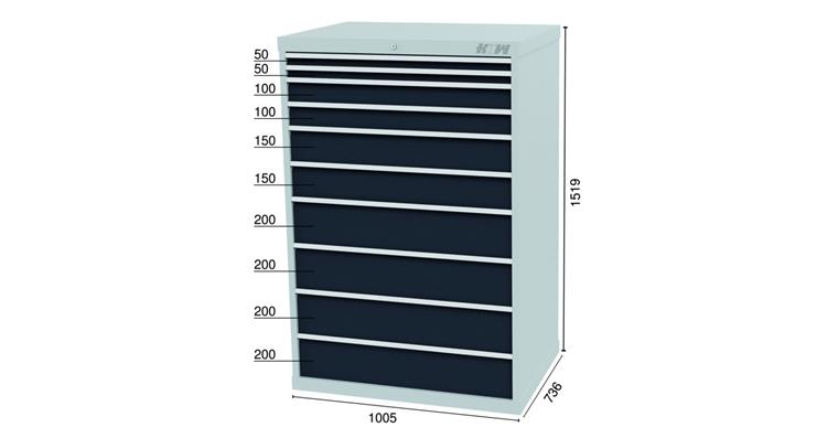 Drawer cabinet 10 drawers 7016 2x50 2x100 2x150 4x200mm 1005x736x1519