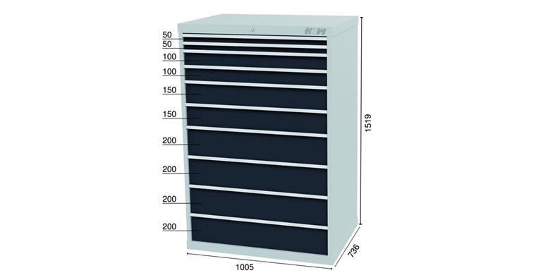 Schubladenschrank 10Schubladen 7016 2x50 2x100 2x150 4x200mm 1005x736x1519