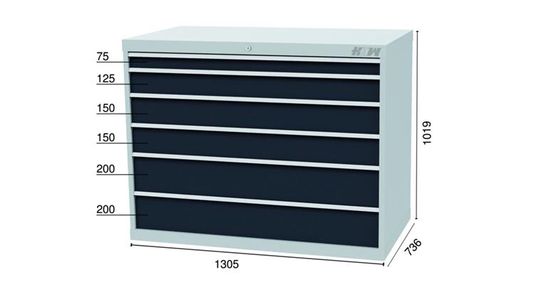 1084386302 Tool cabinet 1305x736x1019mm 6 drawers 1x75 1x125 2x150 2x200 mm 7035/7016