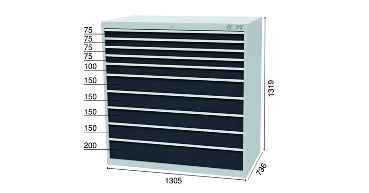 1084386304 Tool cabinet 1305x736x1319mm 10 drawers 4x75 1x100 4x150 1x200 mm 7035/7016