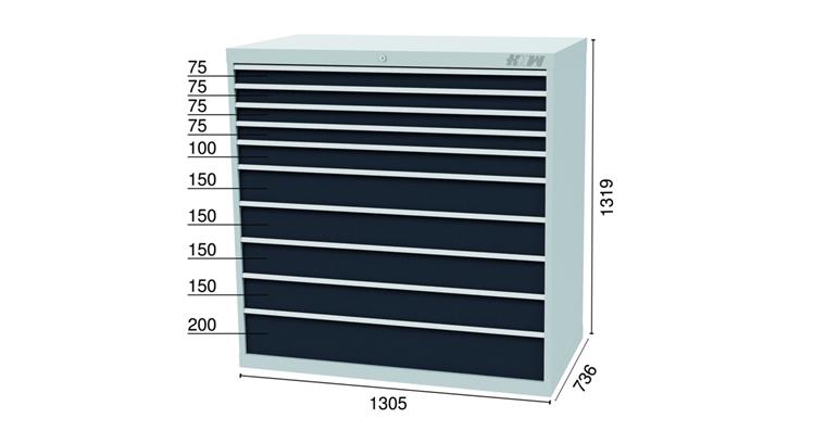 Werkzeugschrank 1305x736x1319mm 10 Schubl. 4x75 1x100 4x150 1x200 mm 7035/7016