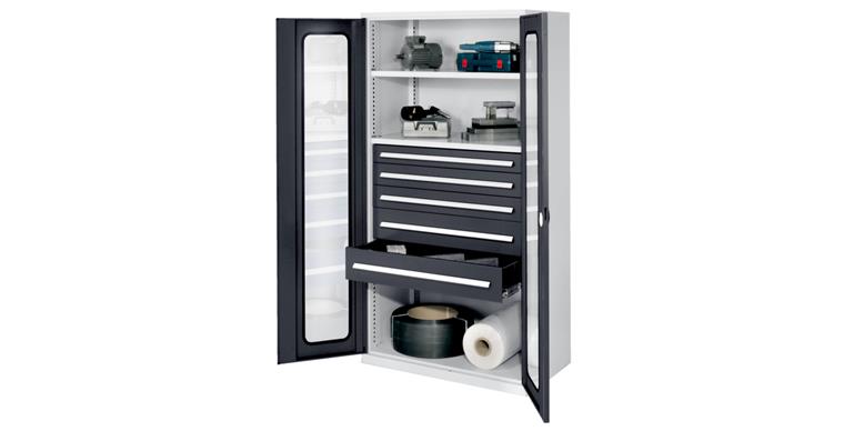 Hvy-dty cabinet H1950xW1000xD600mm 2shelves+5drawers viewing window 7035/7016