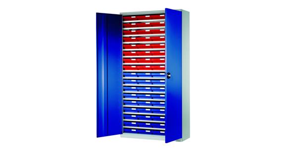 Storage cabinet H1950xW1000xD410 mm including 68 boxes RAL 7035/5010