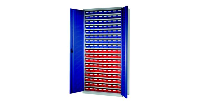 Storage cabinet H1950xW1000xD410 mm including 136 boxes RAL 7035/5010