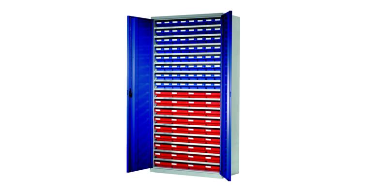 Storage cabinet H1950xW1000xD410 mm including 100 boxes RAL 7035/5010