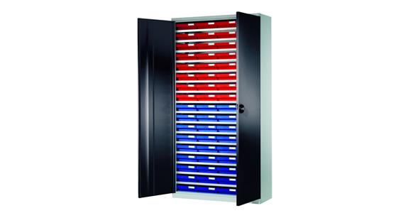 Storage cabinet H1950xW1000xD410 mm including 68 boxes RAL 7035/7016