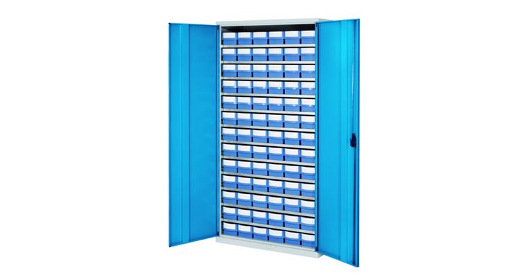 Storage cabinet H1950xW1000xD500 mm including 78 boxes RAL 7035/5012