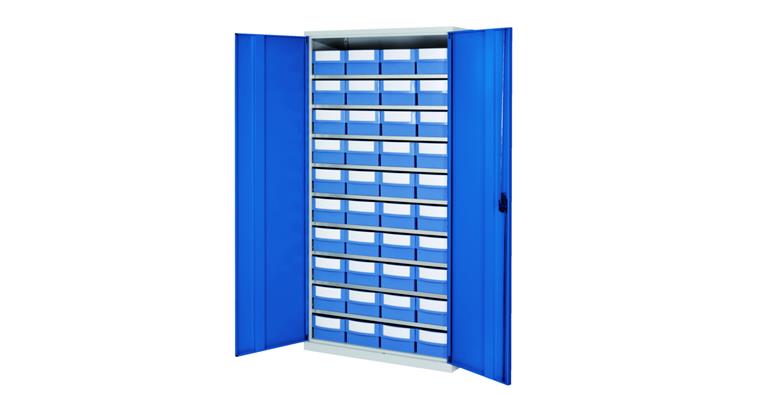 Storage cabinet H1950xW1000xD500 mm including 40 boxes RAL 7035/5010