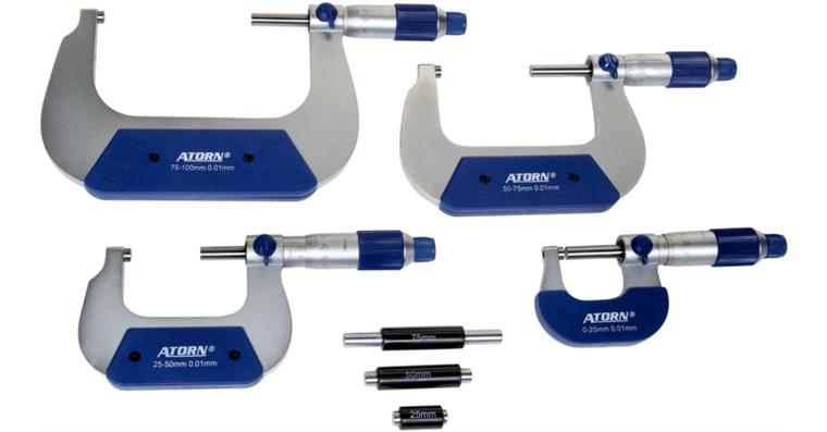 ATORN micrometers 0-100 mm, in case, with 3 setting gauges