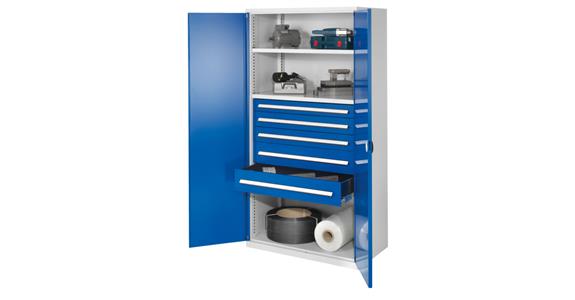 Hvy-dty cabinet H1950xW1000xD600mm 3shelves+5drawers sld sh.met. doors 7035/5010