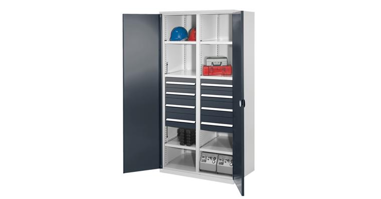 Hvy-dty cab. H1950xW1000xD600mm 6shelves+8drawers sld sh.met.doors 7035/7016