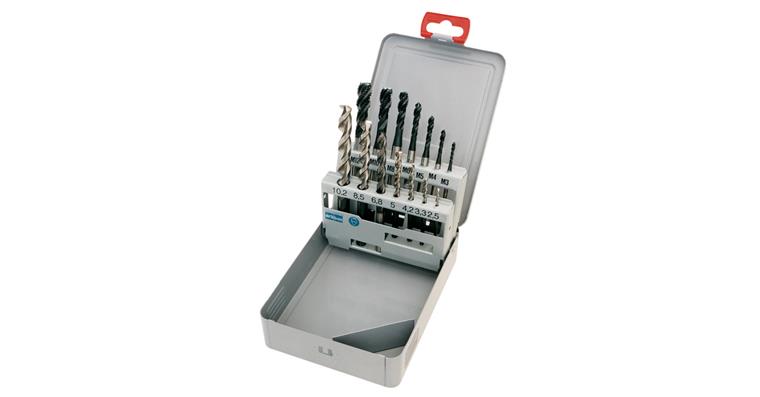 Machine tap set with twist drill spiral-fluted for VA M3-M12