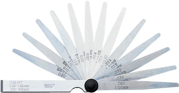 Fühlerlehre Federstahl konisch in Scheide 20 Blatt L=100 mm 0,05-2 mm