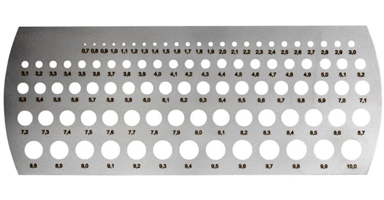 Millimeter-Lochlehre 0,7-10 mm Steigung 0,1 mm, 94 Löcher Stahl