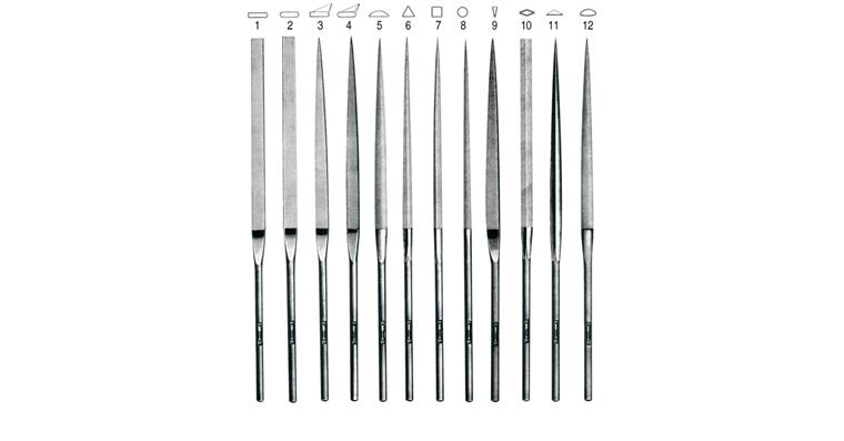 Precision needle files assortment, 12 pieces, length 140 mm, cut 2, in stand