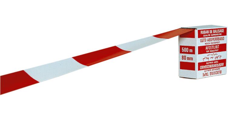 Warning tape red/white tear-resistant width 80 mm length 500 m in dispenser box