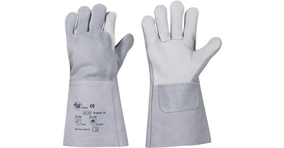 Welding finger gloves 35 cm long comb. full leather/split leather pair CE cat.2