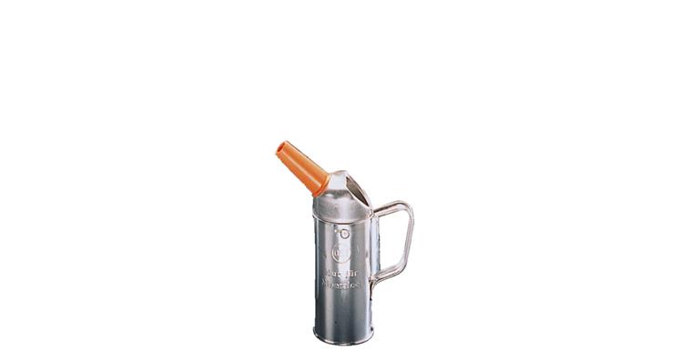 Meas. beaker, contents 1 litre funnel-shaped spout, tinplate, can be calibrated