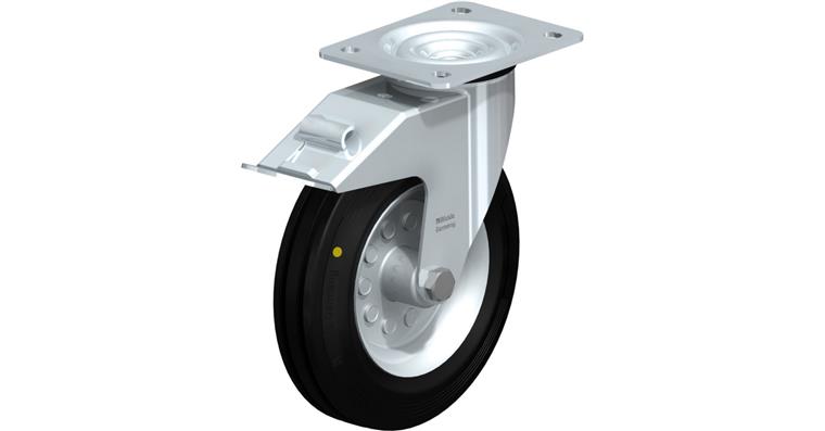 Sh. st. swivel castor w/ screw-on plate, lock. dev. solid rubber ESD dia.160mm