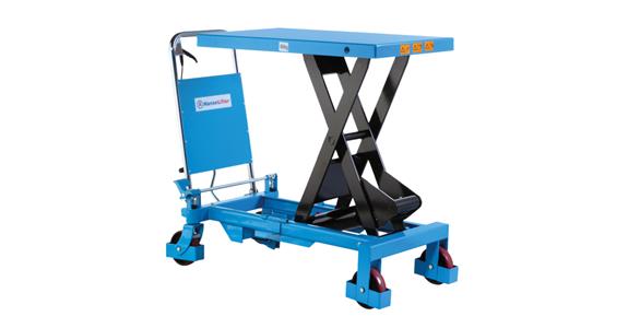 Hand-operated lifting table trolley load 800kg extended hgt 1000mm LxW1000x510mm