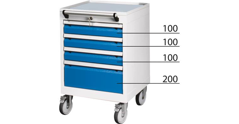 Mobile drawer cabinet, 4 drawers RAL 5012 light blue 750x530x500 mm