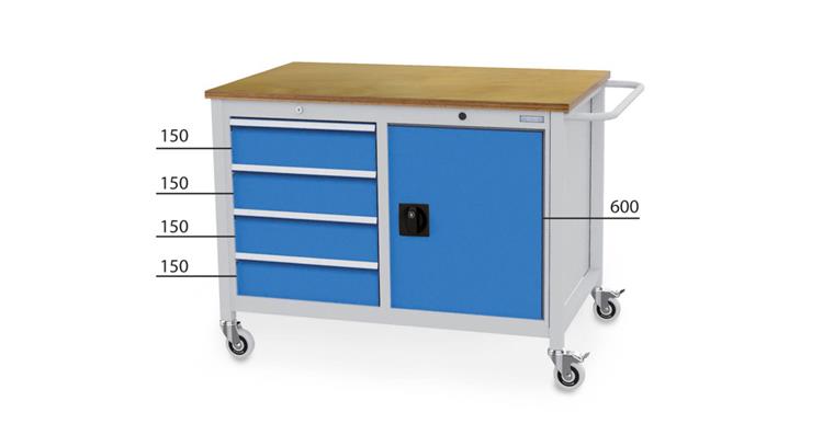Werkbank mobil 1 Tür 4 Schubladen HxBxT 935x1250x750 mm RAL 7035/5012