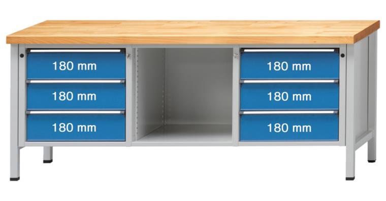 Cabinet workbench model 120 V plate w/ sh. st. coat. height 900 mm RAL 7035/5012
