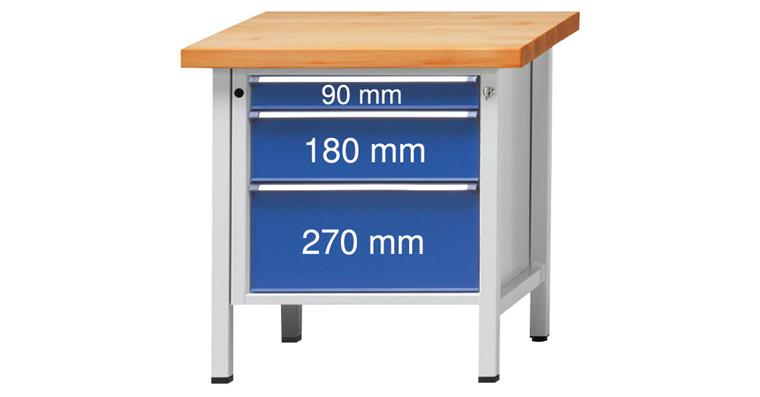 Kastenwerkbank BMP 800x700x850 mm 3 Schubladen 90/180/270 mm RAL7035/5010