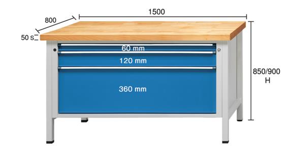 Kastenwerkbank Serie VX H=850mm Buche-Massivplatte 1500x800mm RAL7035/5012 148kg