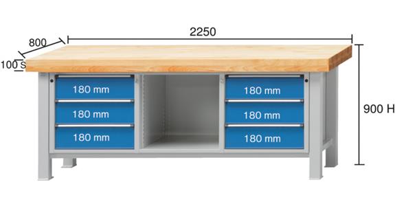 Schwerlastwerkbank Serie VS H=900mm Buche-Massiv-Platte 2250x800mm RAL7035/5012