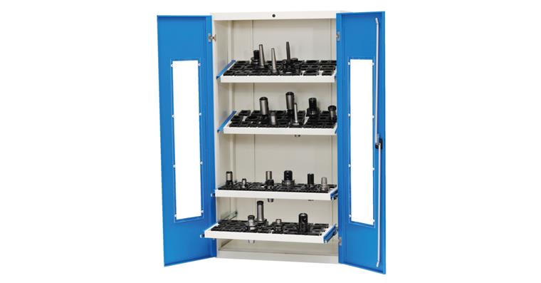 CNC hinged door cab. (empty) 1838x980x500mm RAL 7035/5012 w/ doors w/ view. wndw