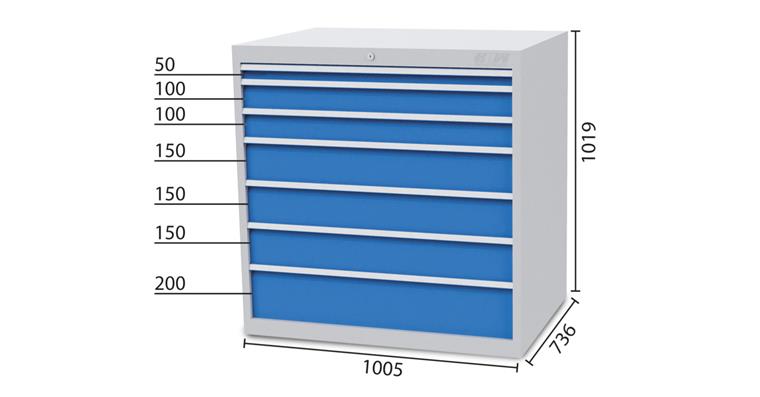 1084342102 Drawer cabinet 7 drawers 5012 1x50 2x100 3x150 1x200mm 1005x736x1019