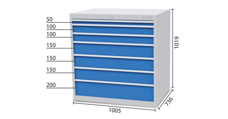 Schubladenschrank 7 Schubladen 5012 1x50 2x100 3x150 1x200mm 1005x736x1019