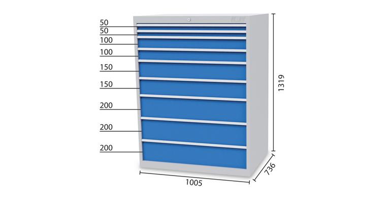 1084342105 Drawer cabinet 9 drawers 5012 2x50 2x100 2x150 3x200mm 1005x736x1319