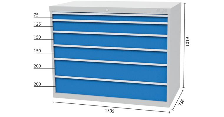 Werkzeugschrank 1305x736x1019mm 6 Schubl. 1x75 1x125 2x150 2x200 mm 7035/5012