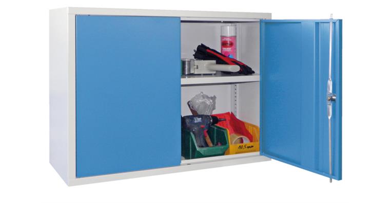 Hang. cab. back pan. smooth sld sheet metal doors W800mm RAL7035/5012 light blue