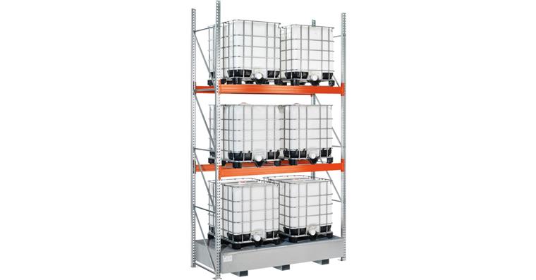 Hazardous materials KTC rack, basic bay, 2 levels w/ collection tray 1000 l