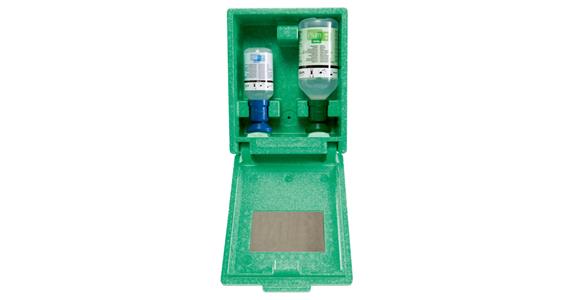 Emergency eye station filled w/ 1x 200 ml phosphate and 1x 500 ml NaCl solution