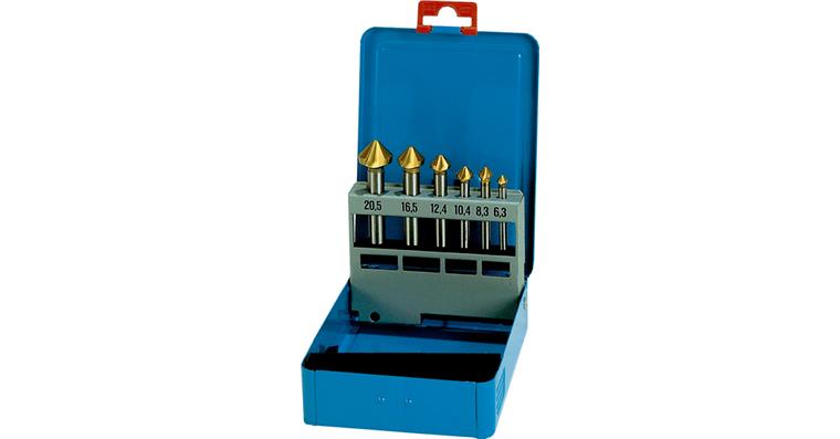 Cs. + cs. deburring tool set 6 pcs 90° HSS/TiN 6.3-20.5 mm in plastic box